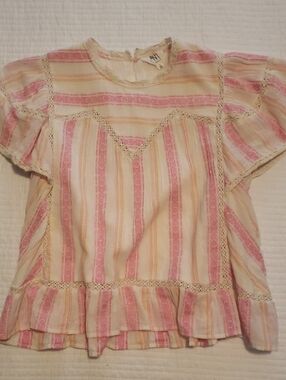 Women's Pink & Cream Striped Ruffle  Babydoll Top